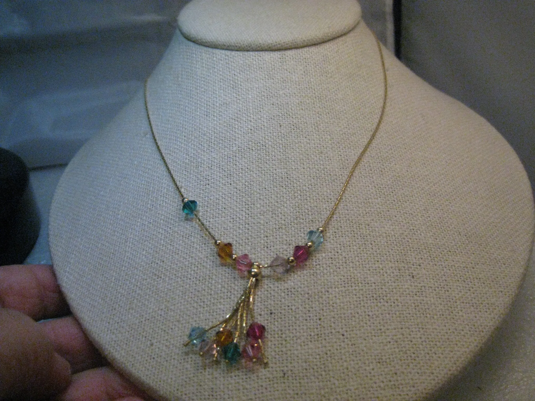 14kt Solid Gold Tassel Necklace, 16", signed F with Swarovski Crystals, 3.80 dwd