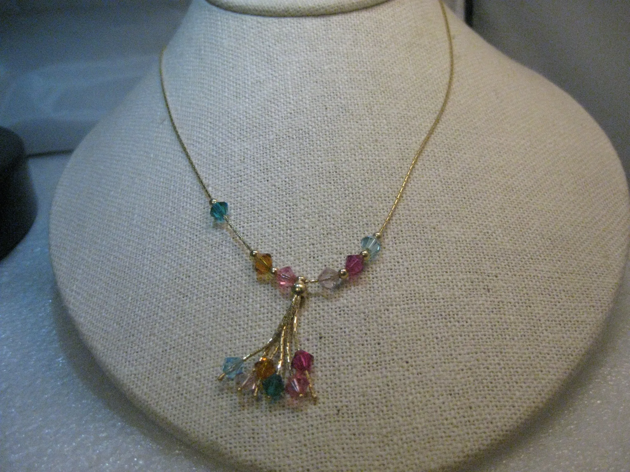 14kt Solid Gold Tassel Necklace, 16", signed F with Swarovski Crystals, 3.80 dwd
