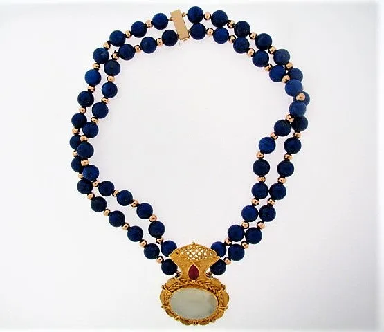 18K-YG MOONSTONE AND LAPIS LAZULI NECKLACE