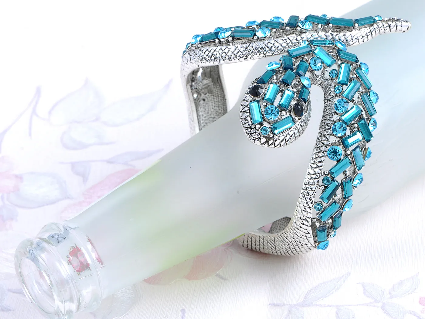 Aquamarine Blue Zircon Cobra Snake Cuff Bracelet