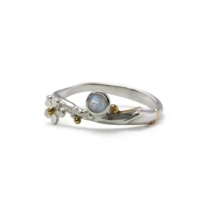 Banyan Flower silver ring with Faceted Rainbow Moonstone and Gold Filled