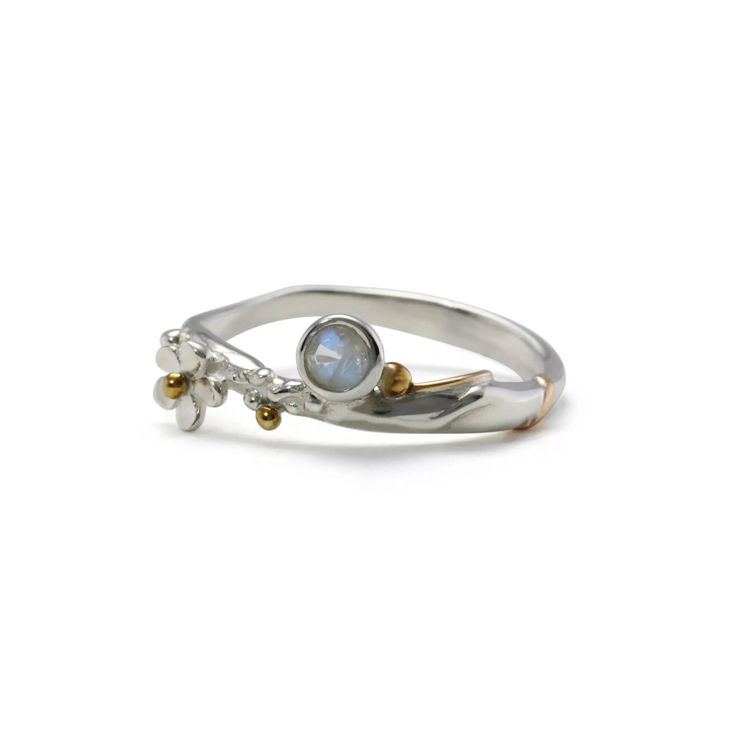 Banyan Flower silver ring with Faceted Rainbow Moonstone and Gold Filled