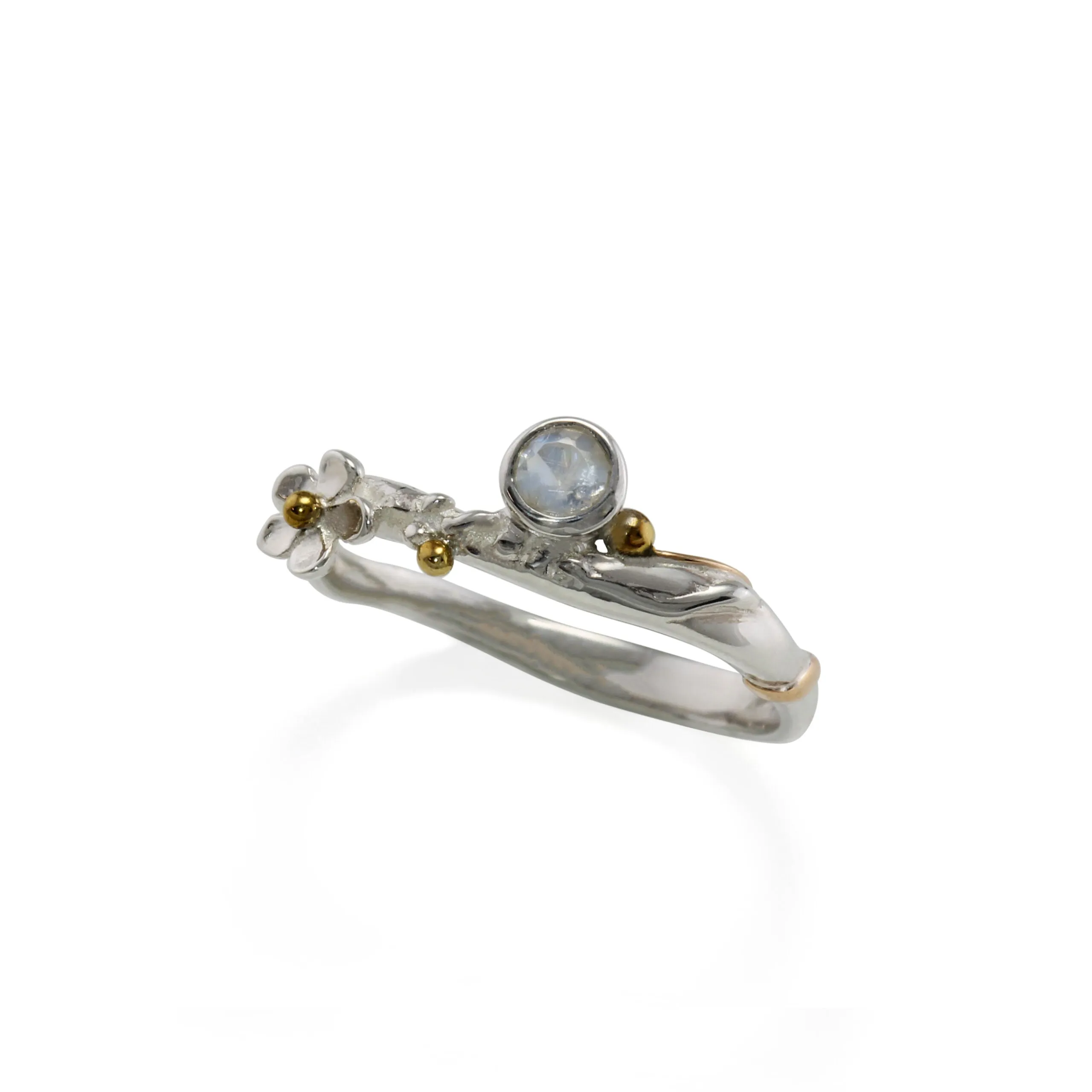 Banyan Flower silver ring with Faceted Rainbow Moonstone and Gold Filled