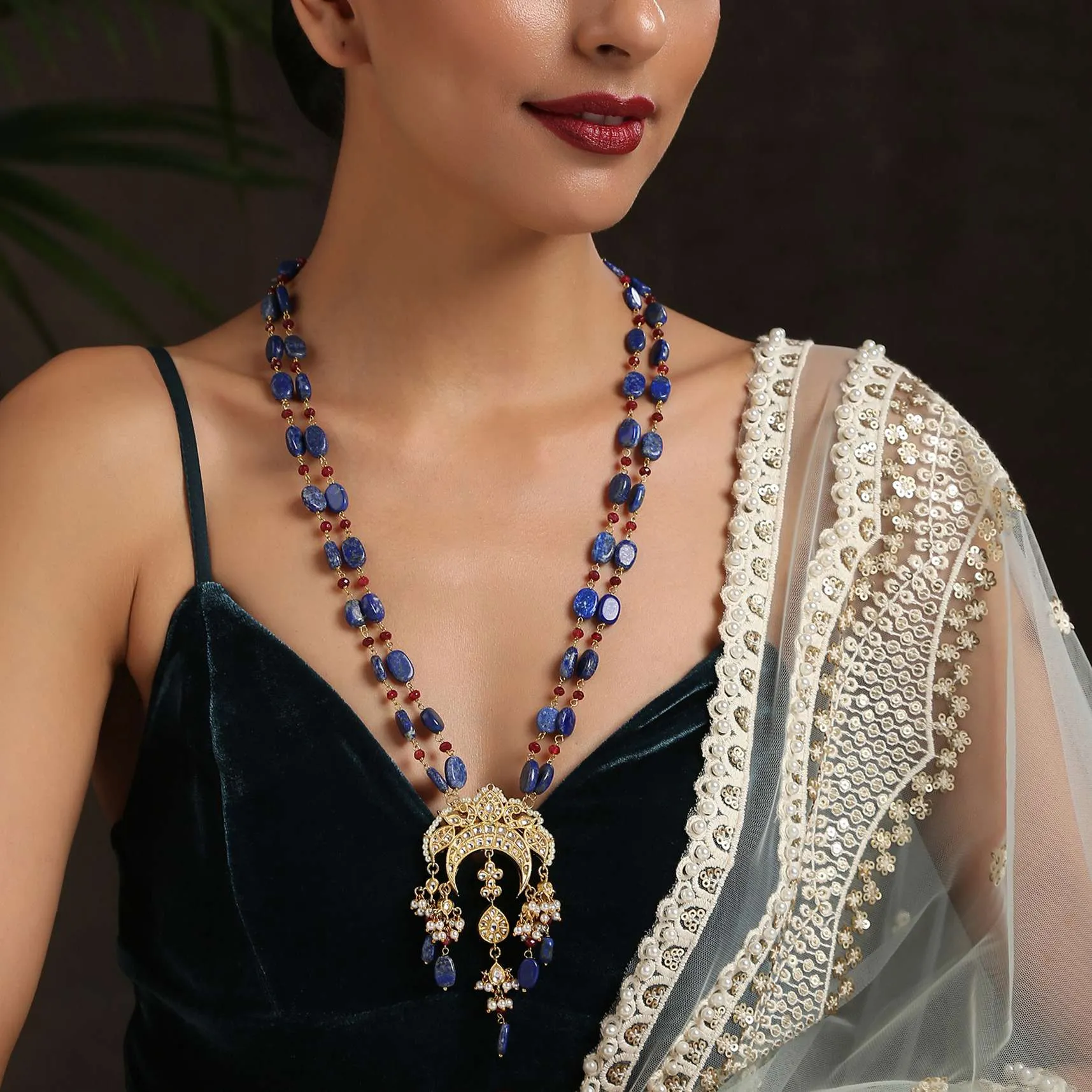 Blue Lapis Stone Necklace With Small Ruby Stones, Kundan Pendant And Pearls By Paisley Pop