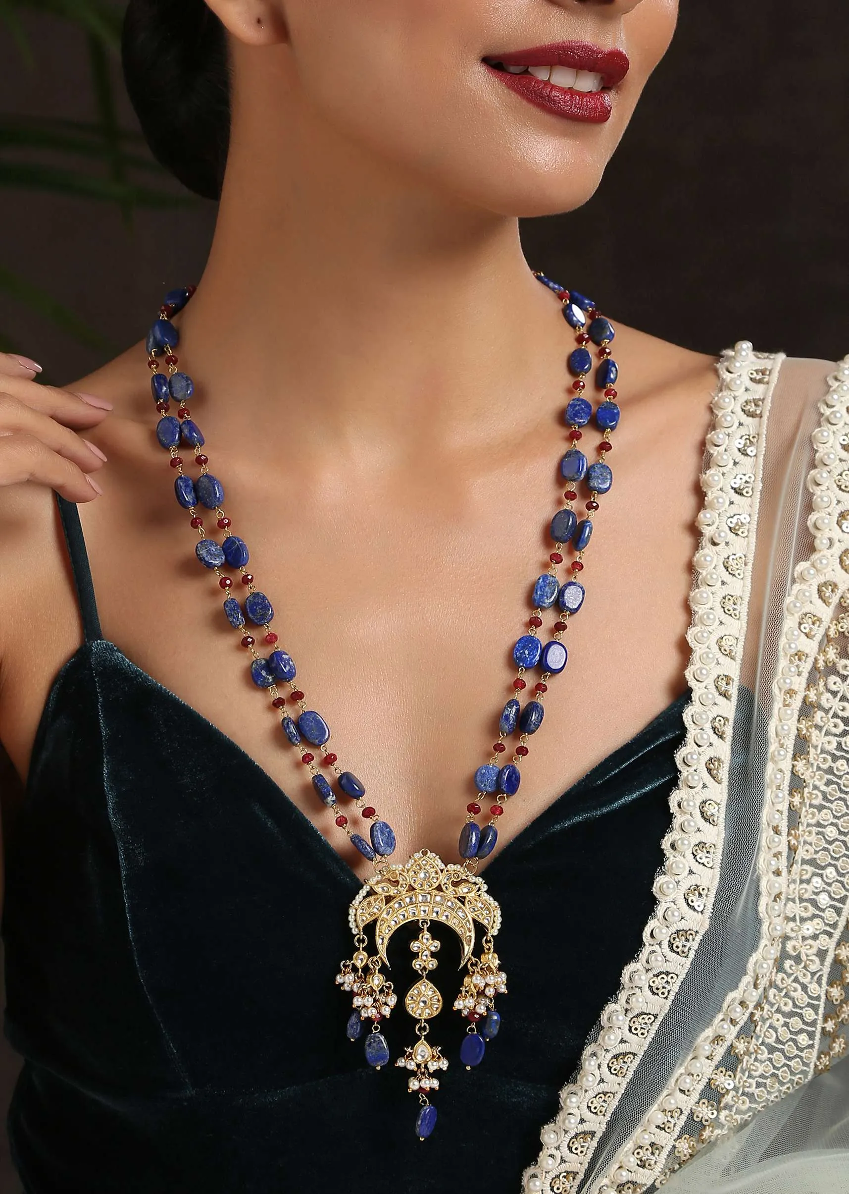 Blue Lapis Stone Necklace With Small Ruby Stones, Kundan Pendant And Pearls By Paisley Pop