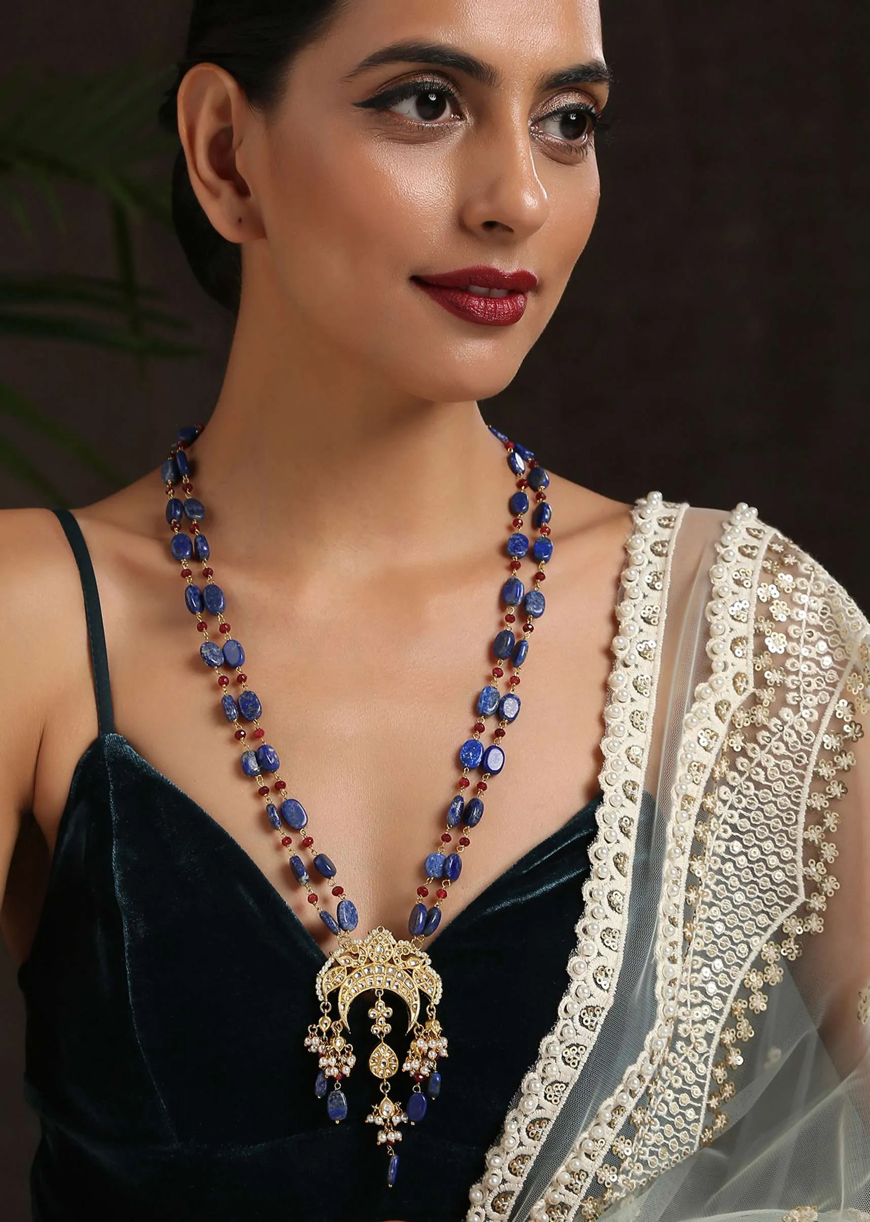Blue Lapis Stone Necklace With Small Ruby Stones, Kundan Pendant And Pearls By Paisley Pop