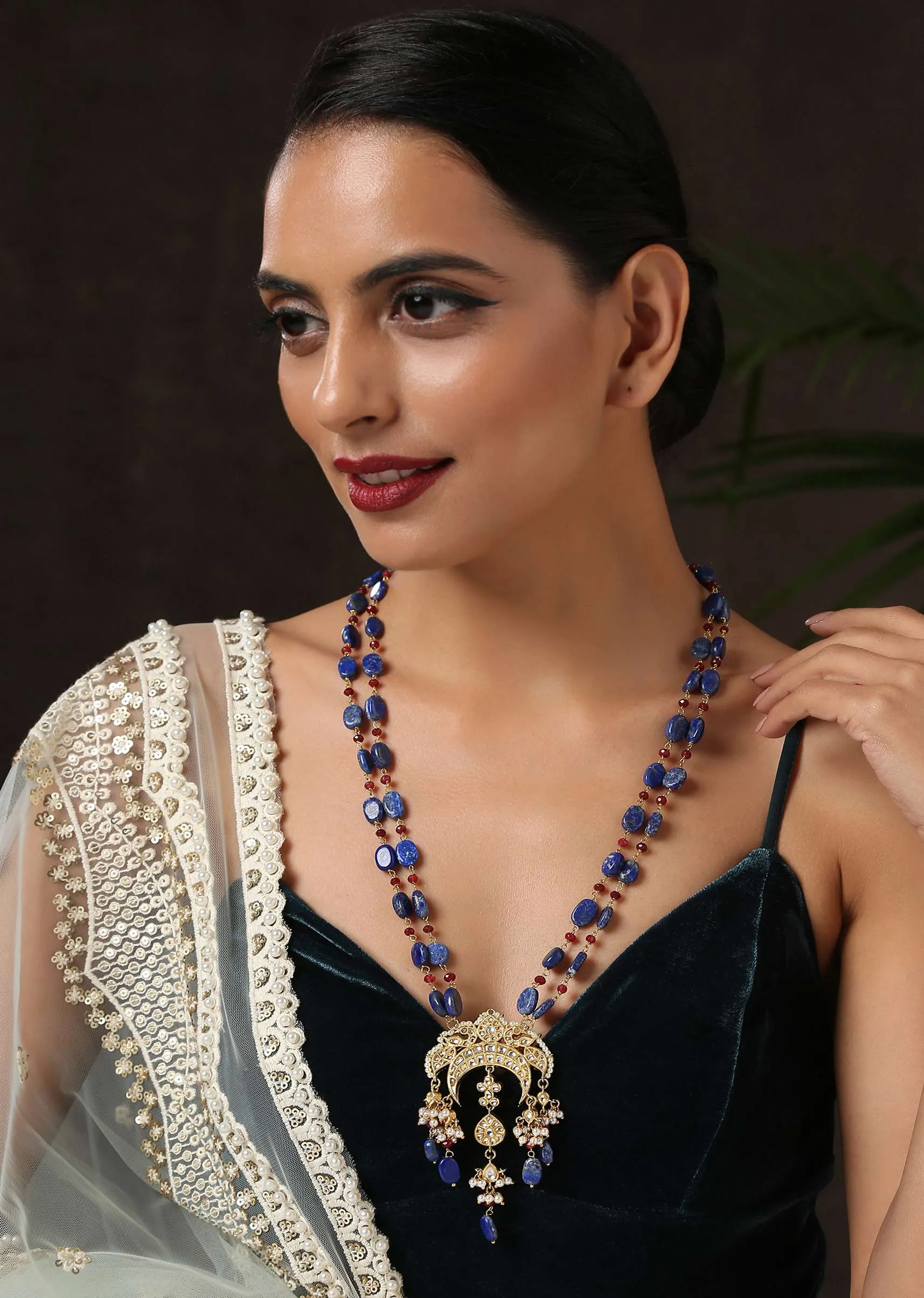 Blue Lapis Stone Necklace With Small Ruby Stones, Kundan Pendant And Pearls By Paisley Pop