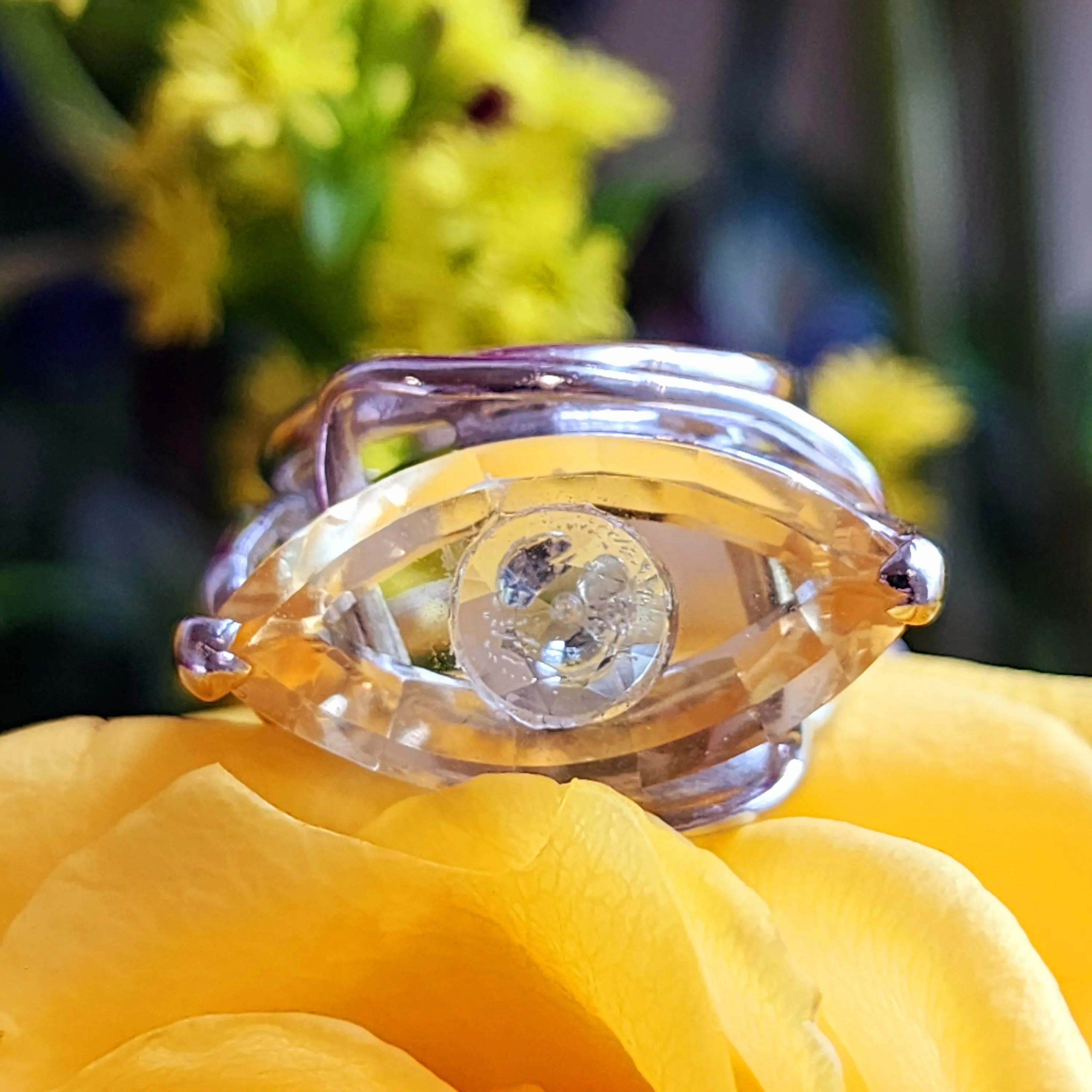 Citrine Evil Eye with Blue Topaz Inlay Adjustable Finger Cuff Ring .925 Silver for Abundance, Intuition, Luck and Protection