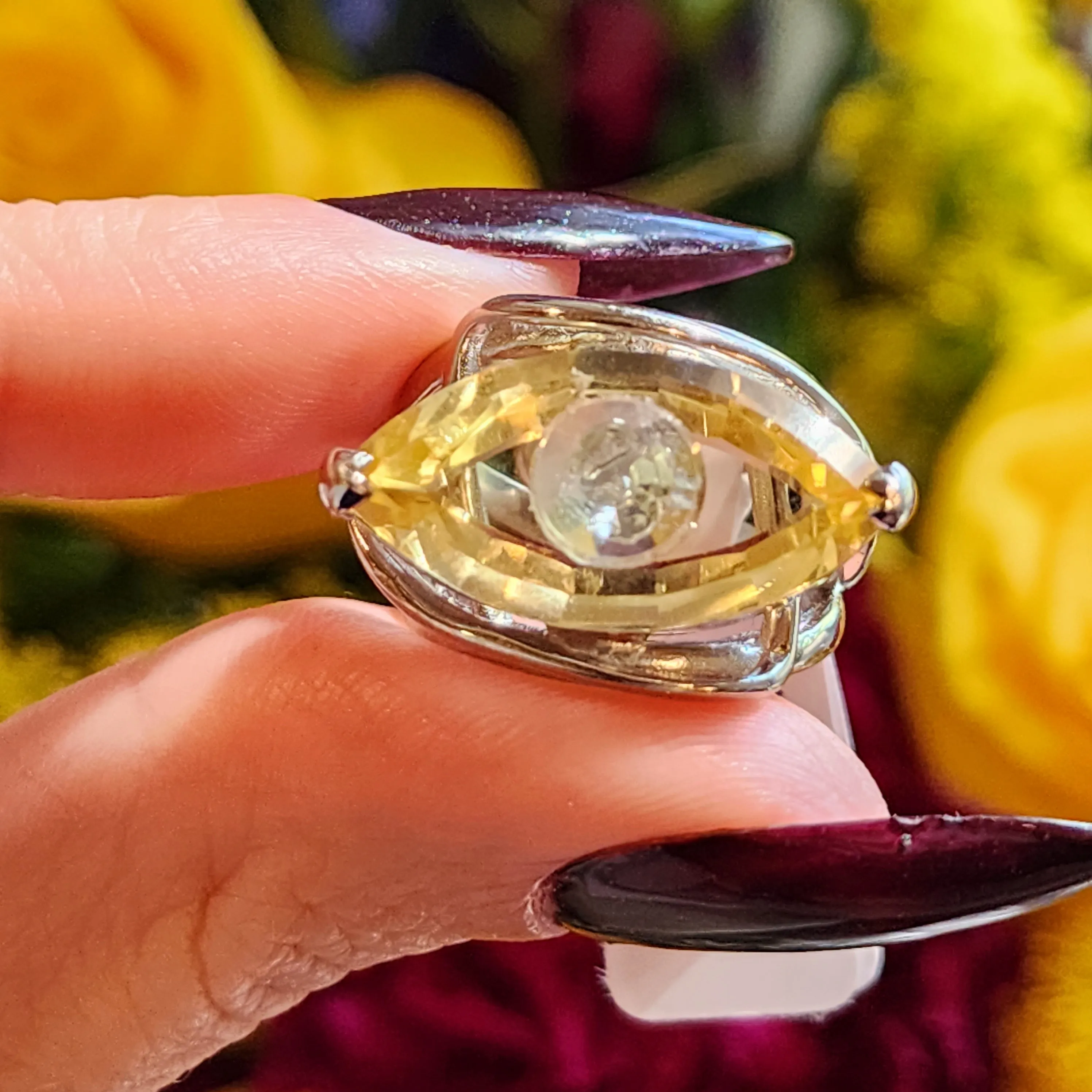 Citrine Evil Eye with Blue Topaz Inlay Adjustable Finger Cuff Ring .925 Silver for Abundance, Intuition, Luck and Protection