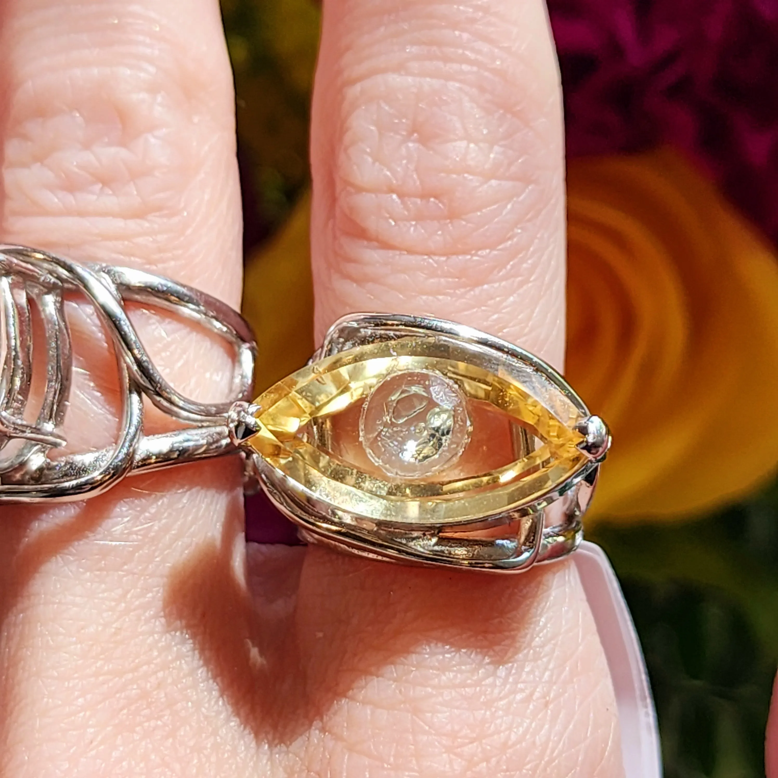 Citrine Evil Eye with Blue Topaz Inlay Adjustable Finger Cuff Ring .925 Silver for Abundance, Intuition, Luck and Protection
