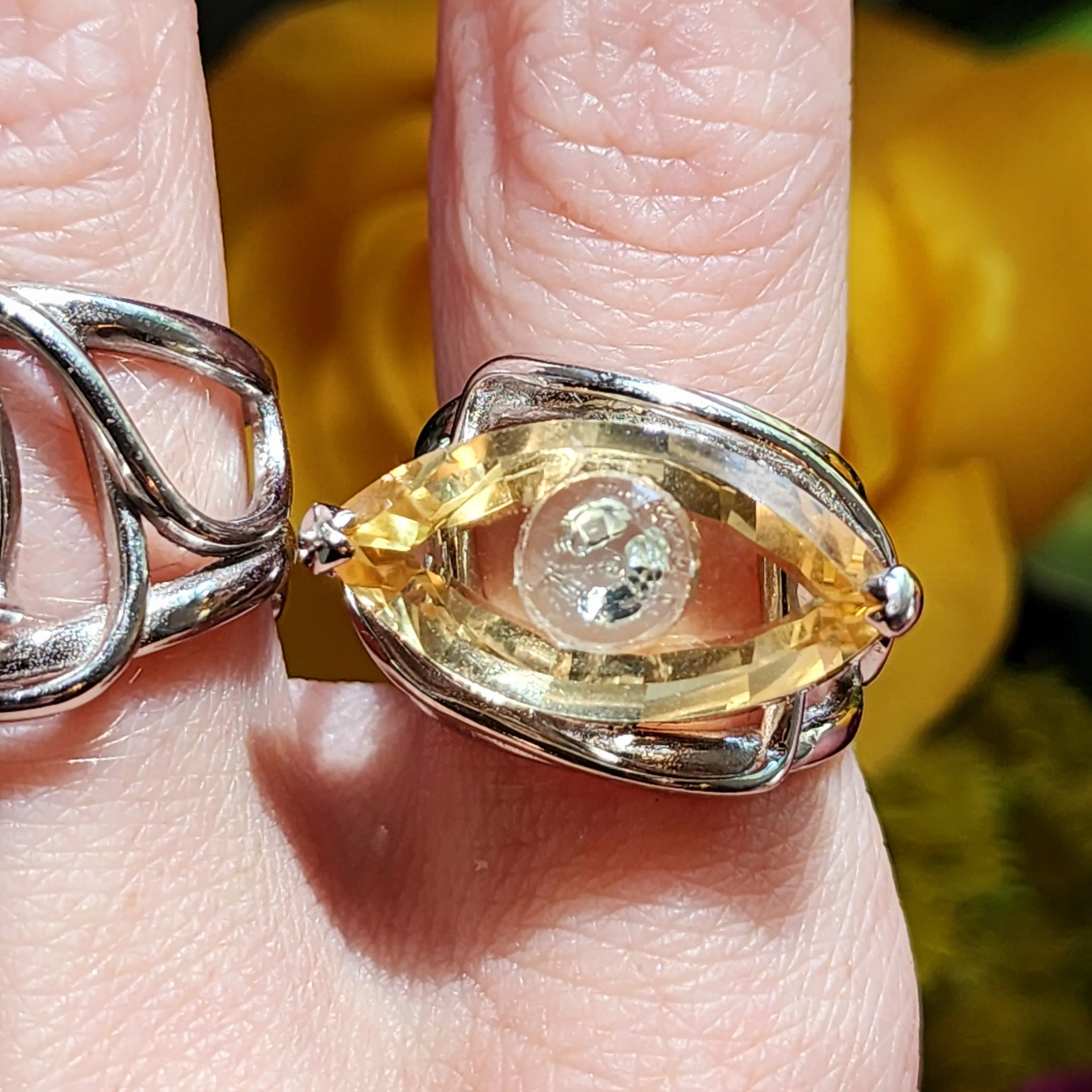 Citrine Evil Eye with Blue Topaz Inlay Adjustable Finger Cuff Ring .925 Silver for Abundance, Intuition, Luck and Protection