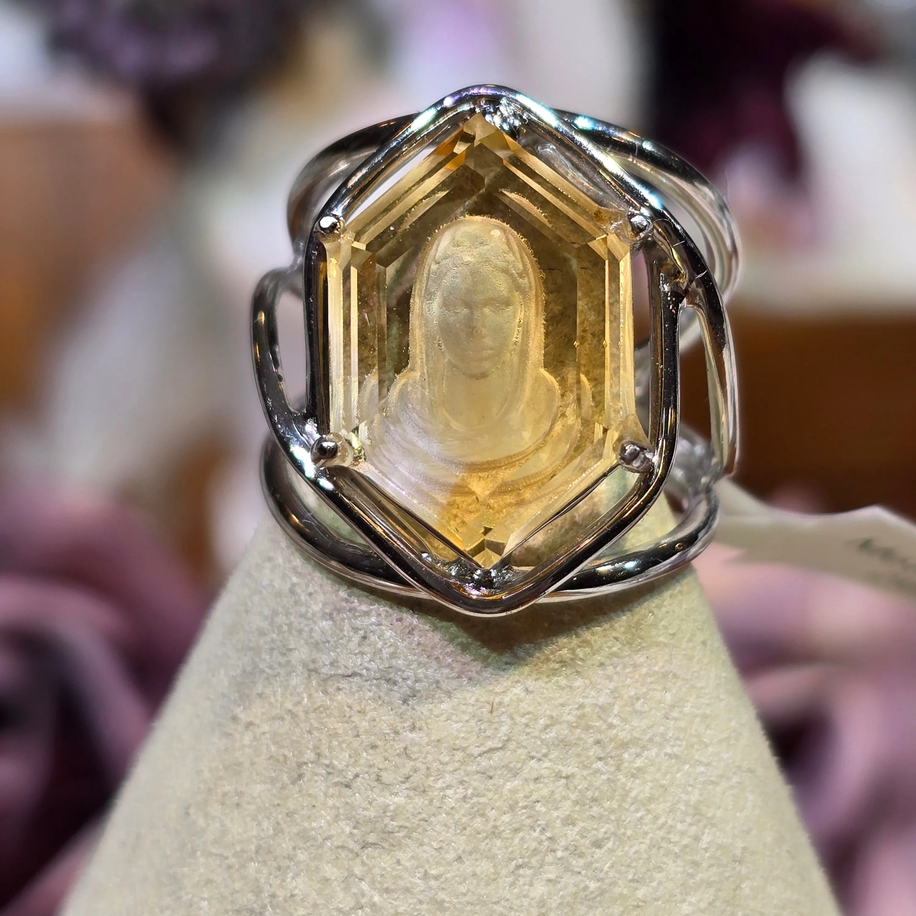 Citrine Mother Mary Finger Cuff Adjustable Ring .925 Silver for Abundance, Luck and Personal Power