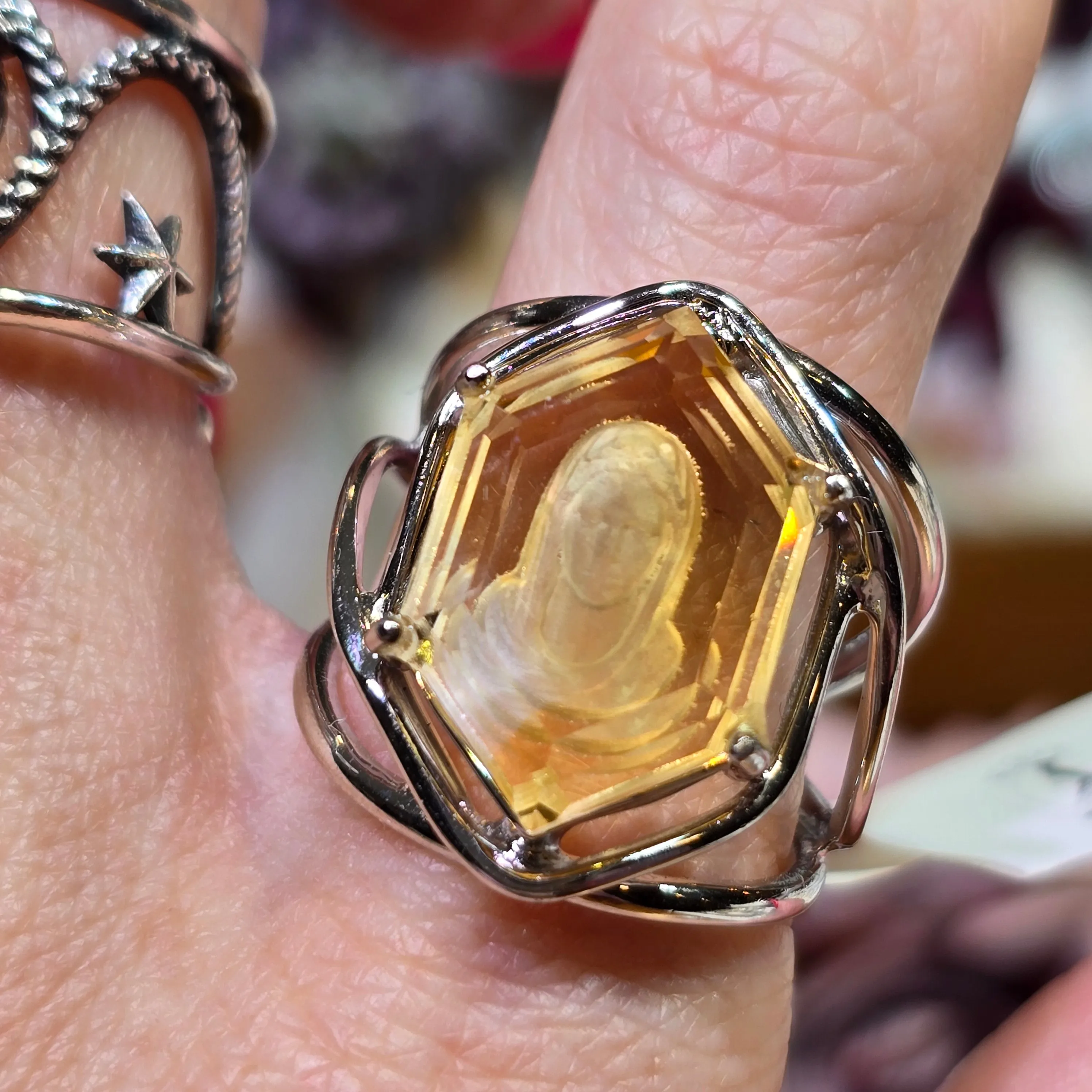 Citrine Mother Mary Finger Cuff Adjustable Ring .925 Silver for Abundance, Luck and Personal Power