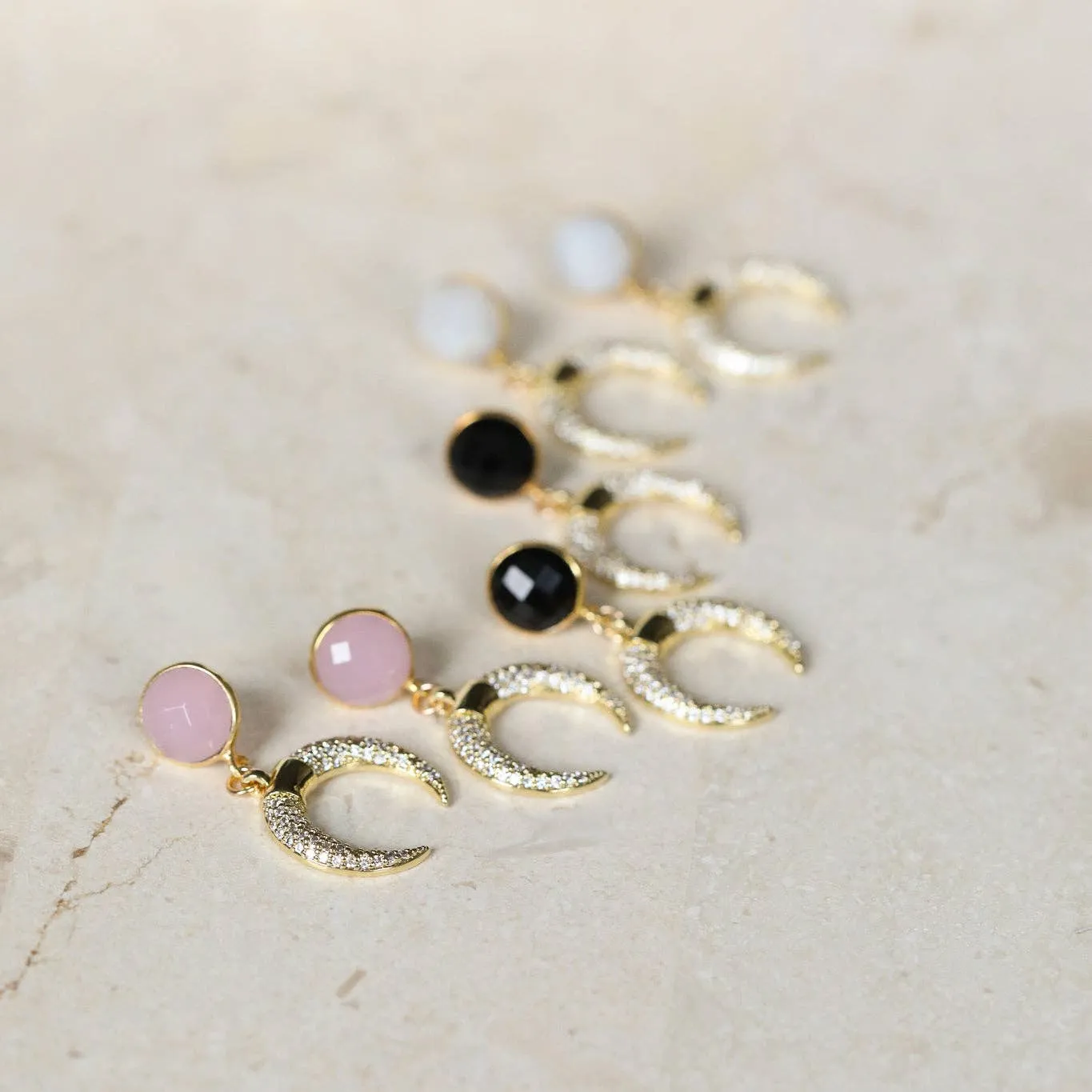 Crystal Horn Earrings: Black Onyx, Moonstone or Rose Quartz