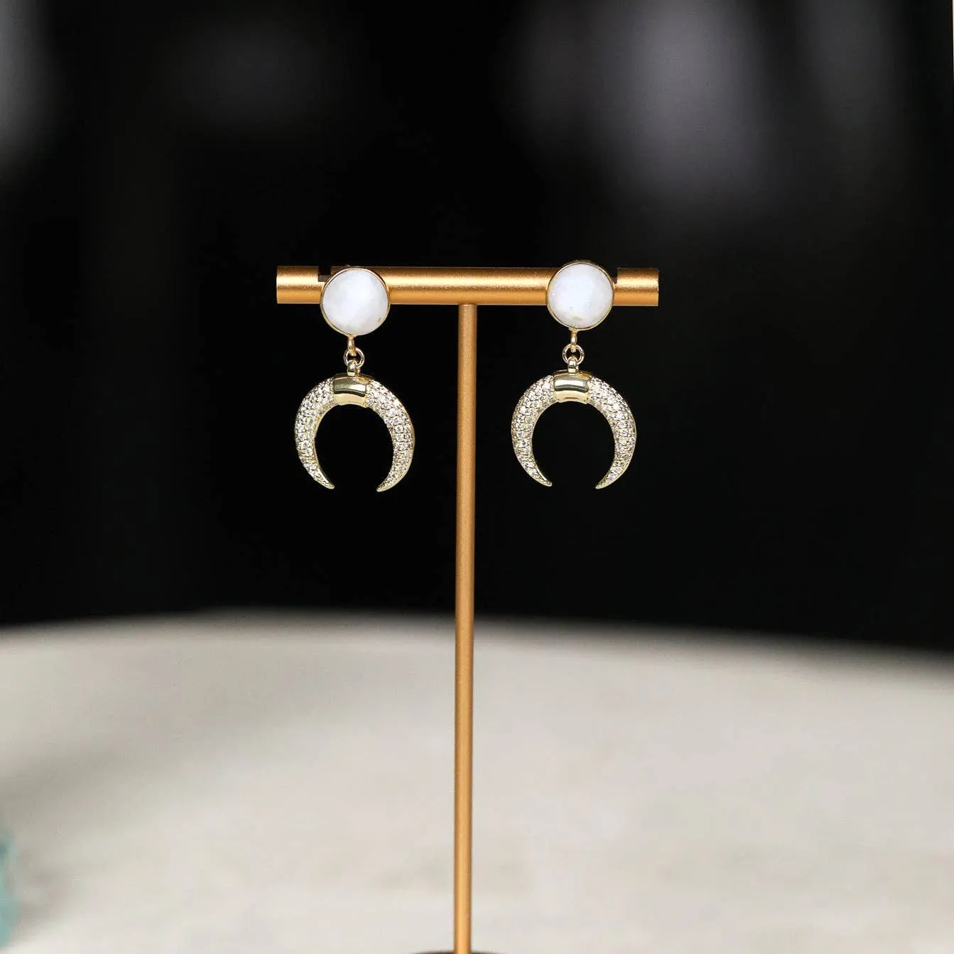 Crystal Horn Earrings: Black Onyx, Moonstone or Rose Quartz