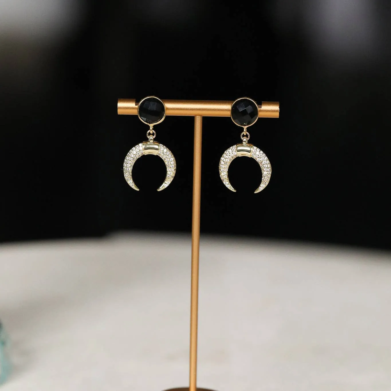 Crystal Horn Earrings: Black Onyx, Moonstone or Rose Quartz