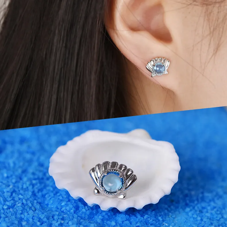 Cute Ocean Crab Shaped Silver Blue Moonstone Stud   Earrings June Birthstone Jewelry for Women