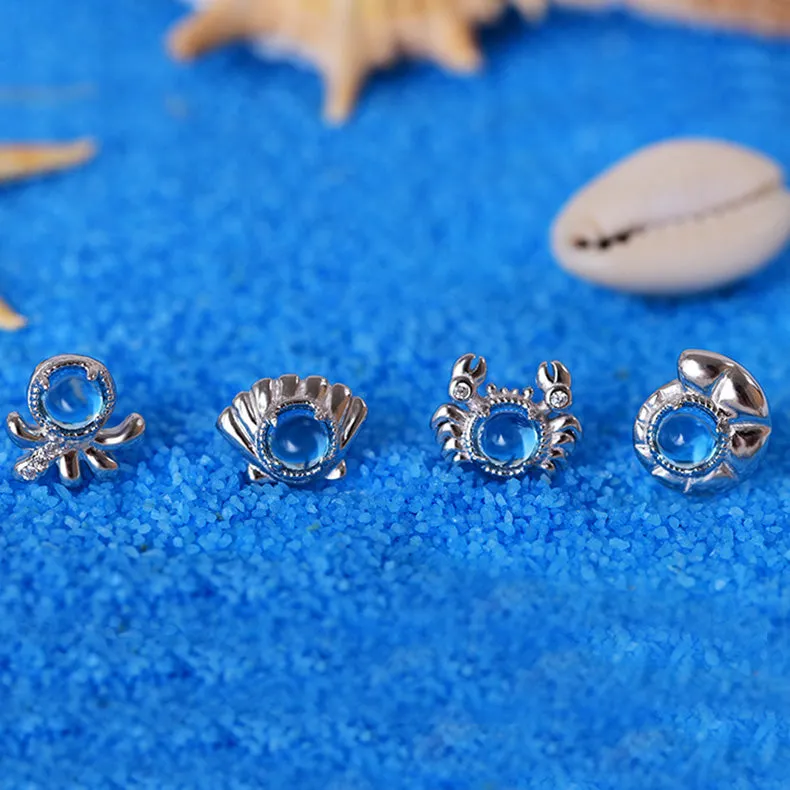 Cute Ocean Crab Shaped Silver Blue Moonstone Stud   Earrings June Birthstone Jewelry for Women