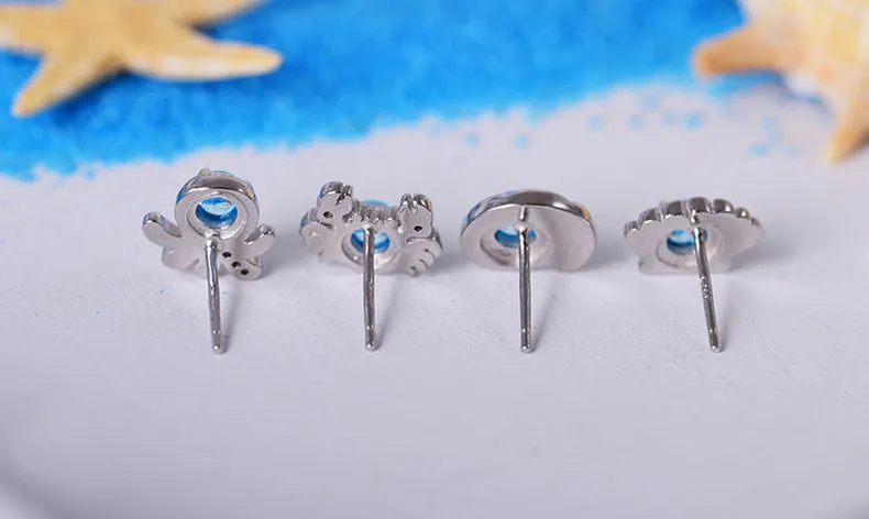 Cute Ocean Crab Shaped Silver Blue Moonstone Stud   Earrings June Birthstone Jewelry for Women