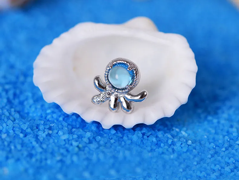 Cute Ocean Crab Shaped Silver Blue Moonstone Stud   Earrings June Birthstone Jewelry for Women