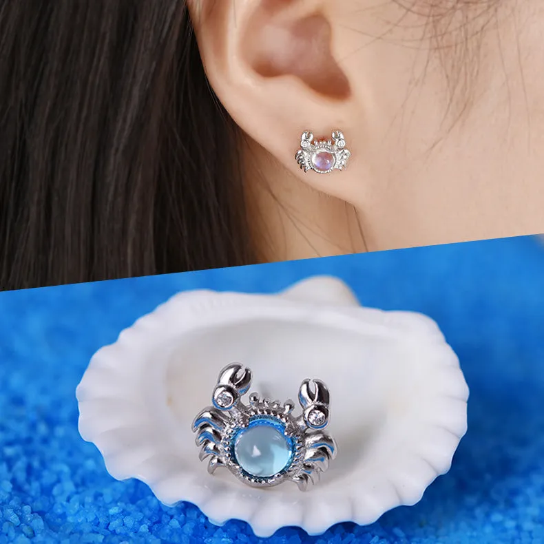 Cute Ocean Crab Shaped Silver Blue Moonstone Stud   Earrings June Birthstone Jewelry for Women