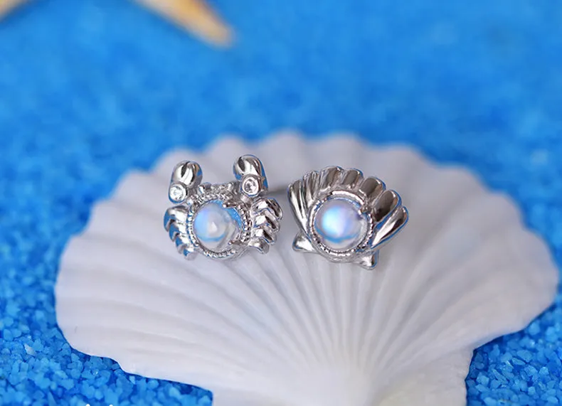 Cute Ocean Crab Shaped Silver Blue Moonstone Stud   Earrings June Birthstone Jewelry for Women