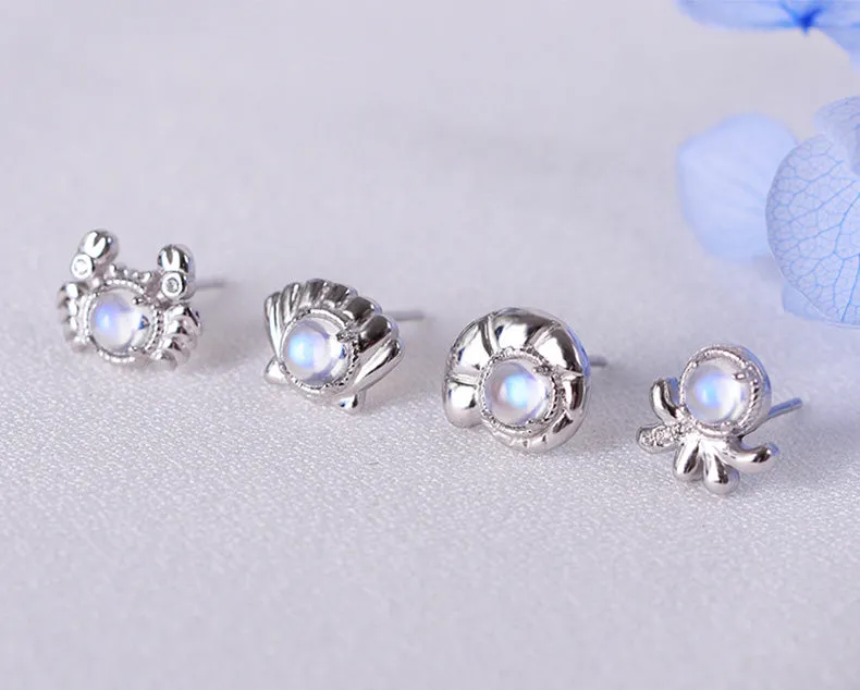 Cute Ocean Crab Shaped Silver Blue Moonstone Stud   Earrings June Birthstone Jewelry for Women