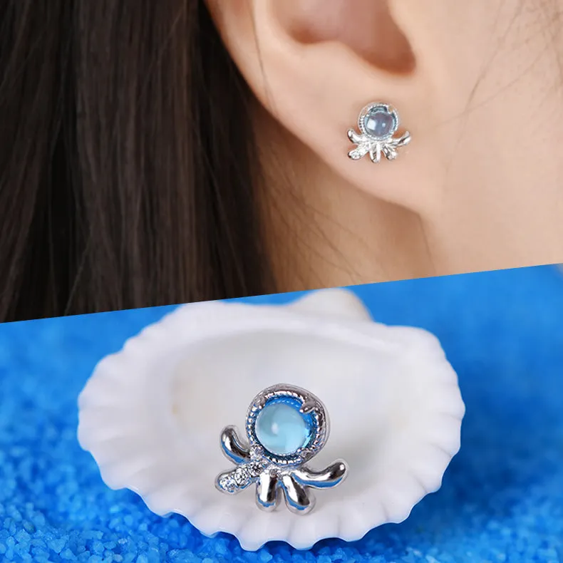 Cute Ocean Crab Shaped Silver Blue Moonstone Stud   Earrings June Birthstone Jewelry for Women