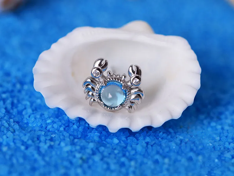 Cute Ocean Crab Shaped Silver Blue Moonstone Stud   Earrings June Birthstone Jewelry for Women