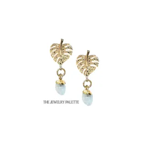 Dania gold leaf with gold edged aquamarine drop earrings