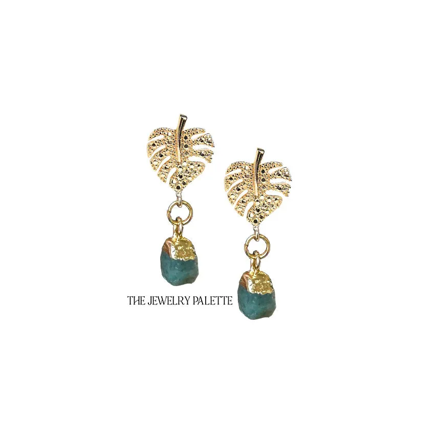 Dania gold leaf with gold edged aquamarine drop earrings