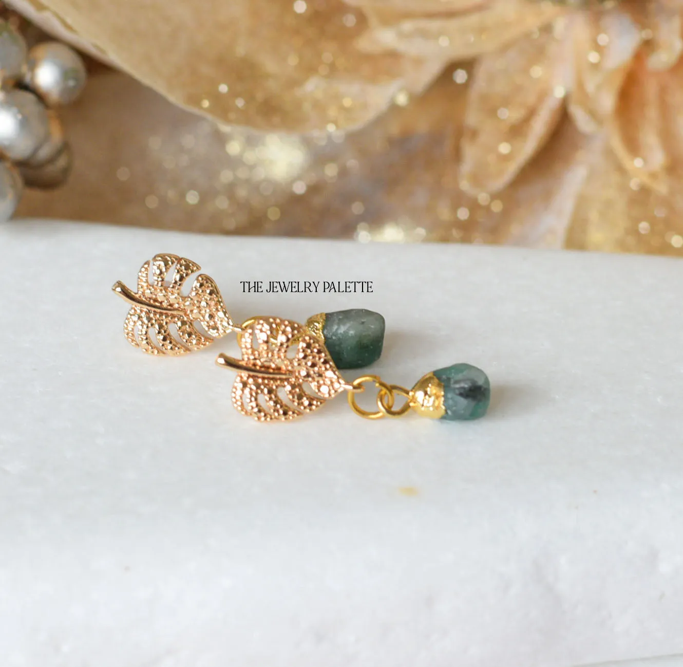Dania gold leaf with gold edged aquamarine drop earrings