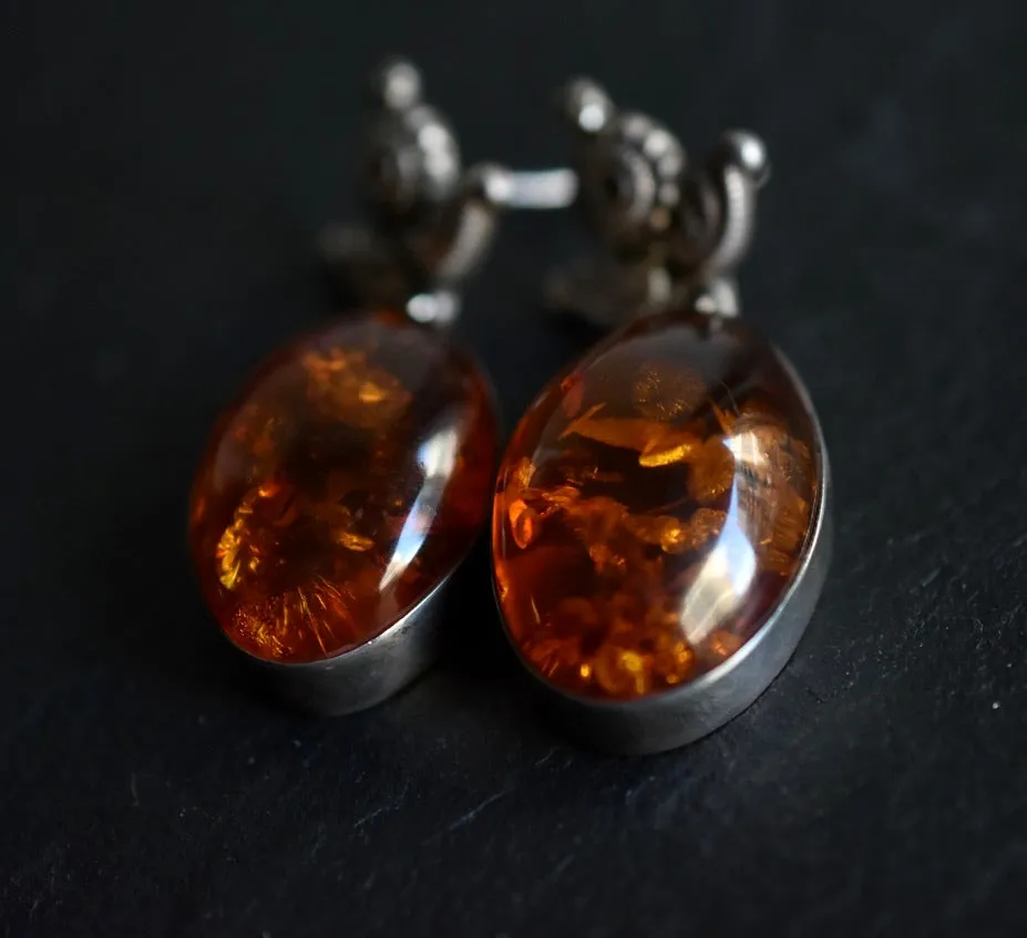 Eye-Catching Balkan Amber Vintage Silver Sterling 925 Earrings