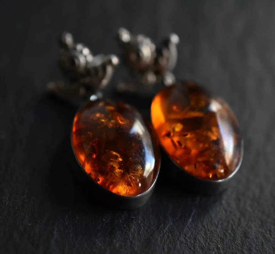 Eye-Catching Balkan Amber Vintage Silver Sterling 925 Earrings