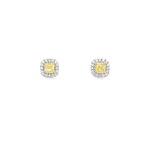 Fancy Yellow and White Diamond Square Halo Stud Earrings