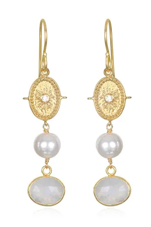 Freshwater Pearl & Rainbow Moonstone Medallion Earrings