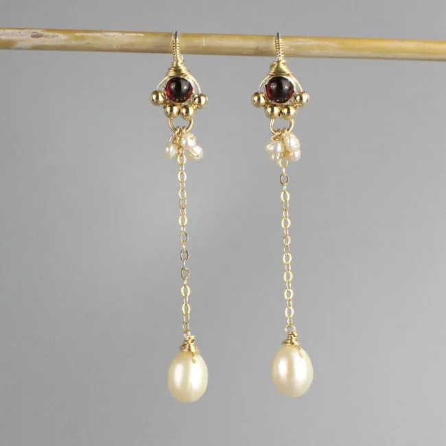 Garnet Pearl Long Spring Earrings