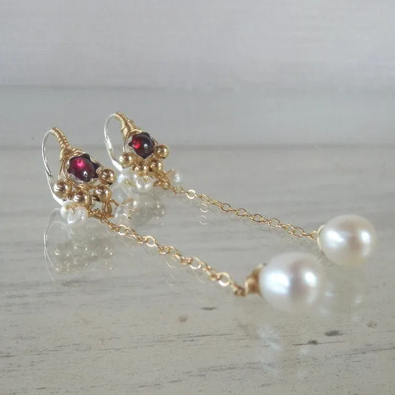 Garnet Pearl Long Spring Earrings