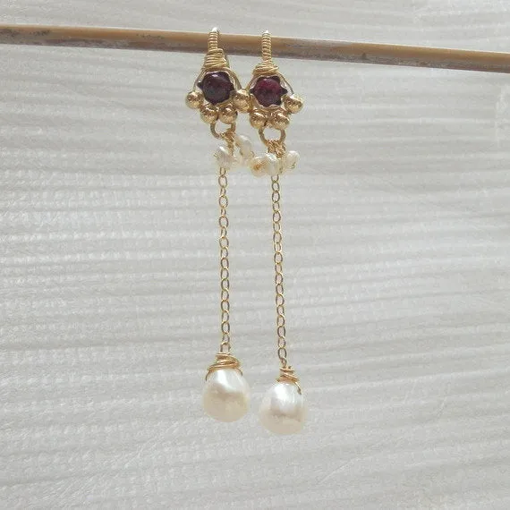 Garnet Pearl Long Spring Earrings