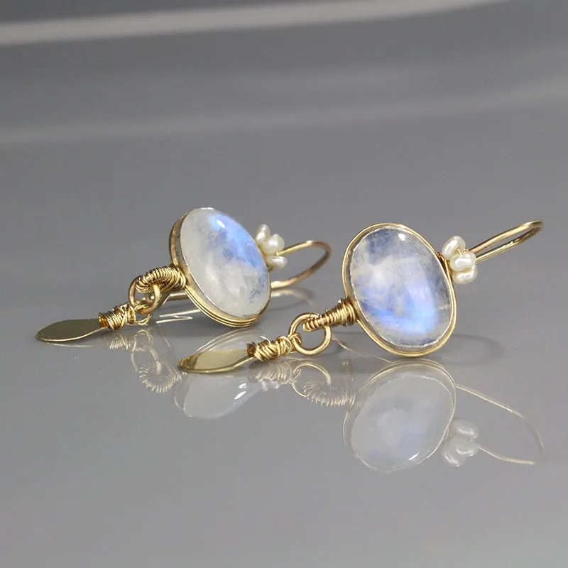 Gold Filled Moonstone Crown Earrings with Pearl