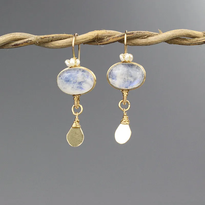 Gold Filled Moonstone Crown Earrings with Pearl