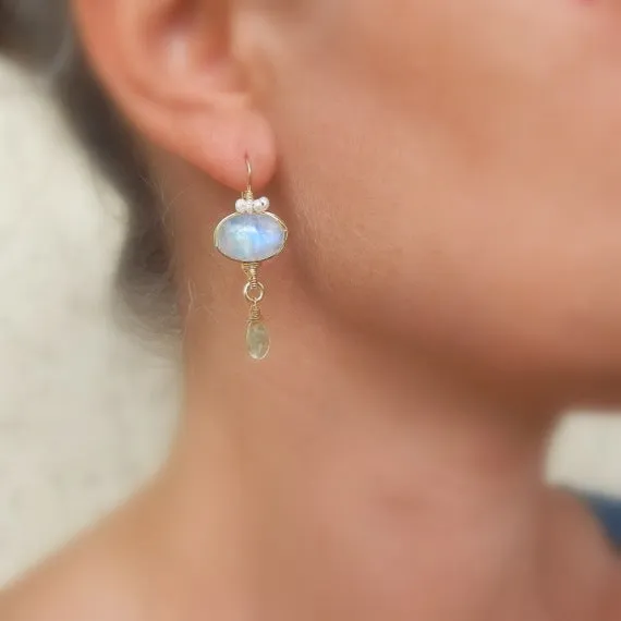 Gold Filled Moonstone Crown Earrings with Pearl
