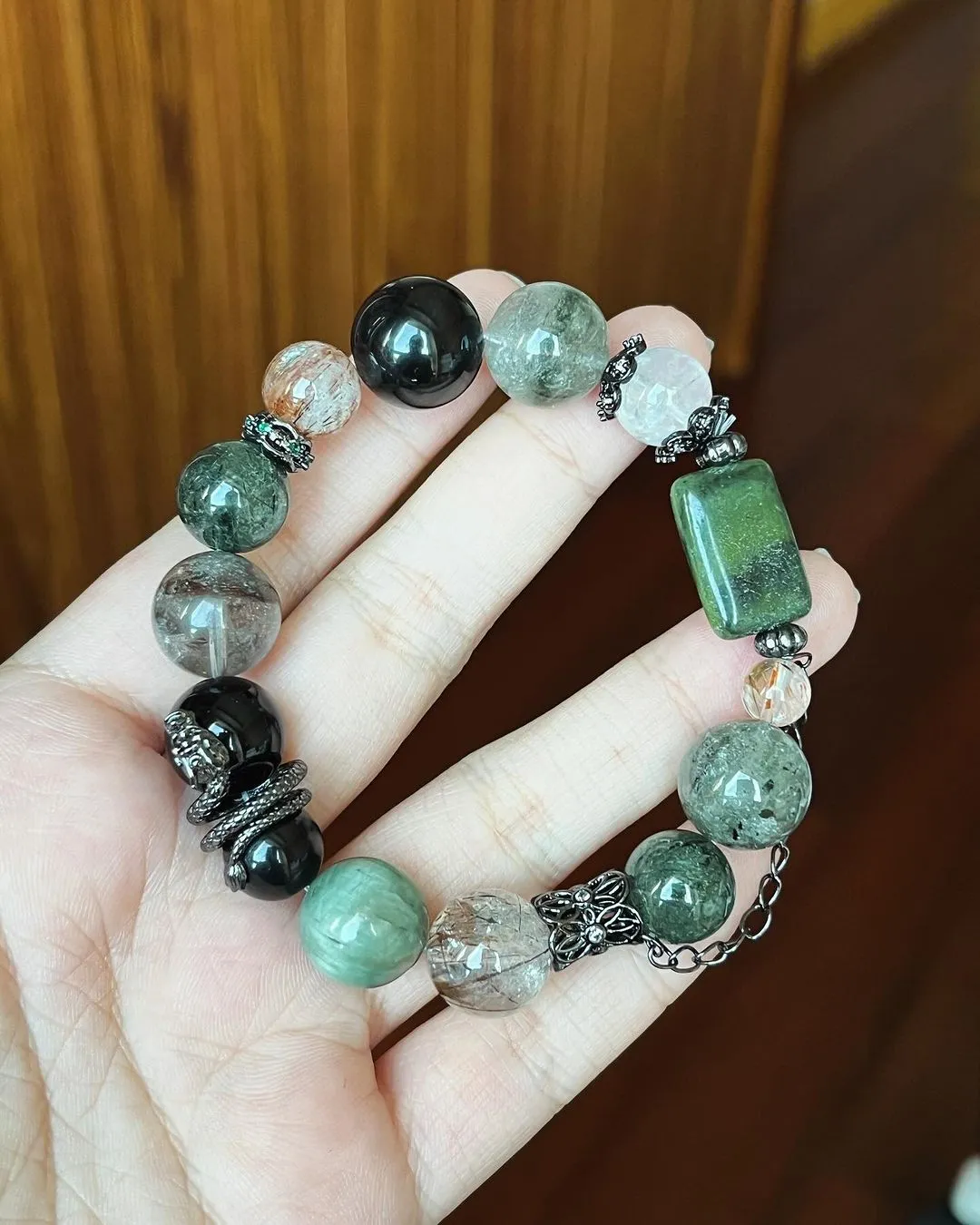 Green Phantom Quartz and Silver Obsidian Bracelet
