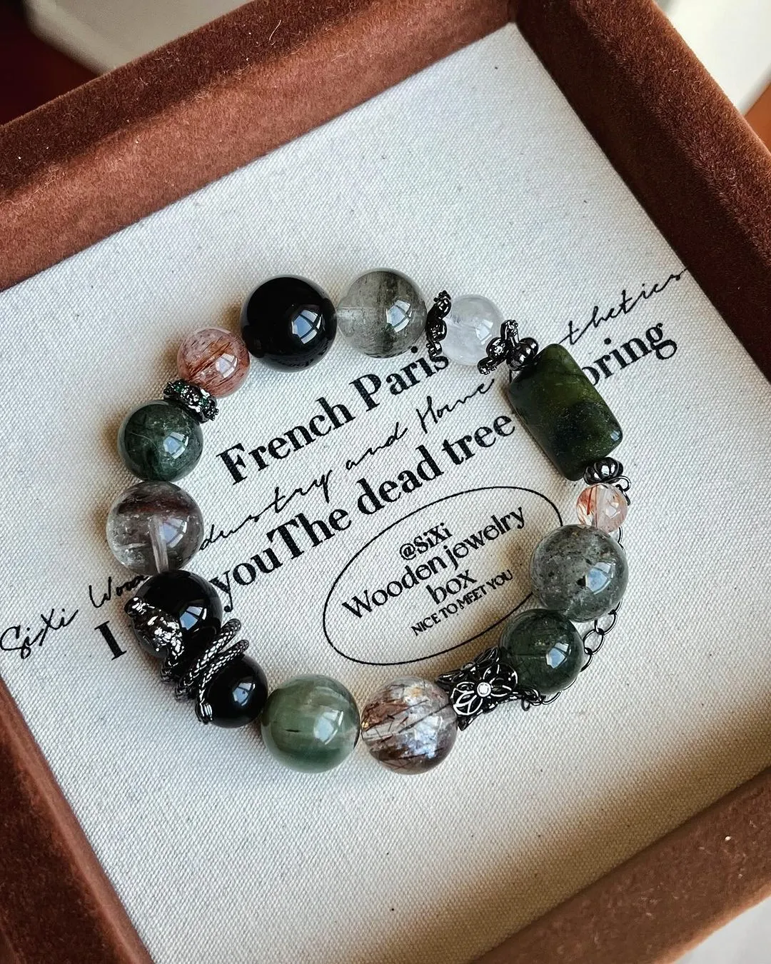Green Phantom Quartz and Silver Obsidian Bracelet