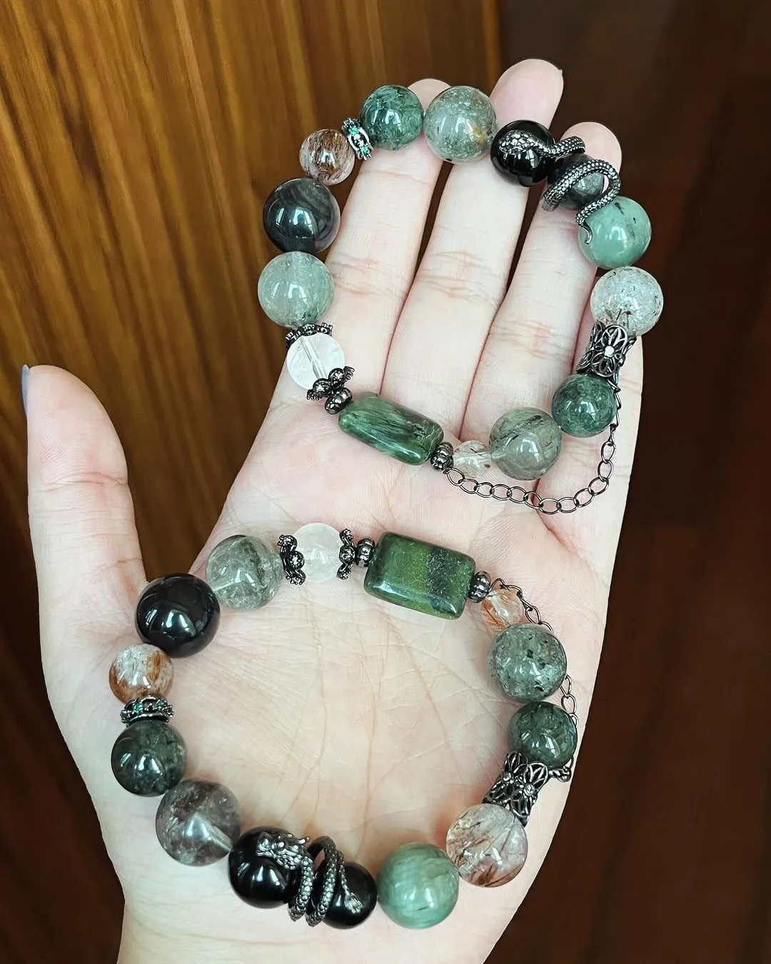 Green Phantom Quartz and Silver Obsidian Bracelet