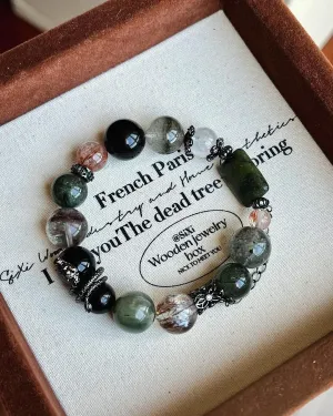 Green Phantom Quartz and Silver Obsidian Bracelet