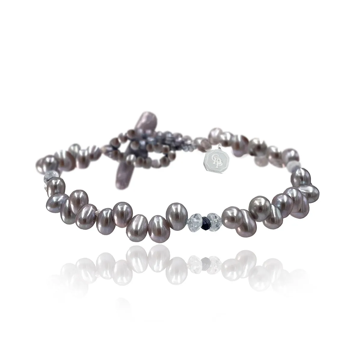 Grey Freshwater Pearl, Aquamarine & Iolite Droplet Bracelet
