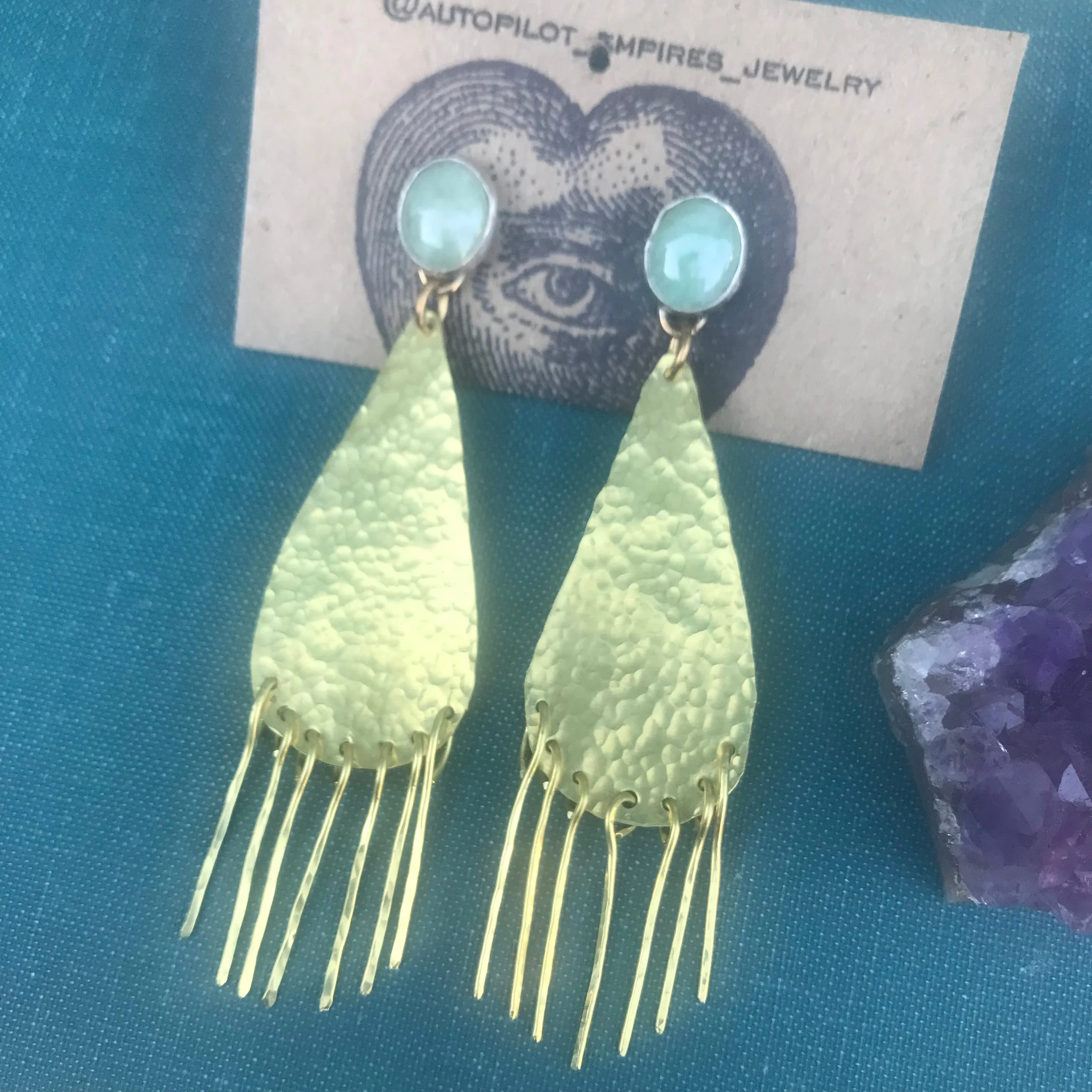 Hammered Brass Shoulder Duster Earrings with Jade and Sterling Silver Posts