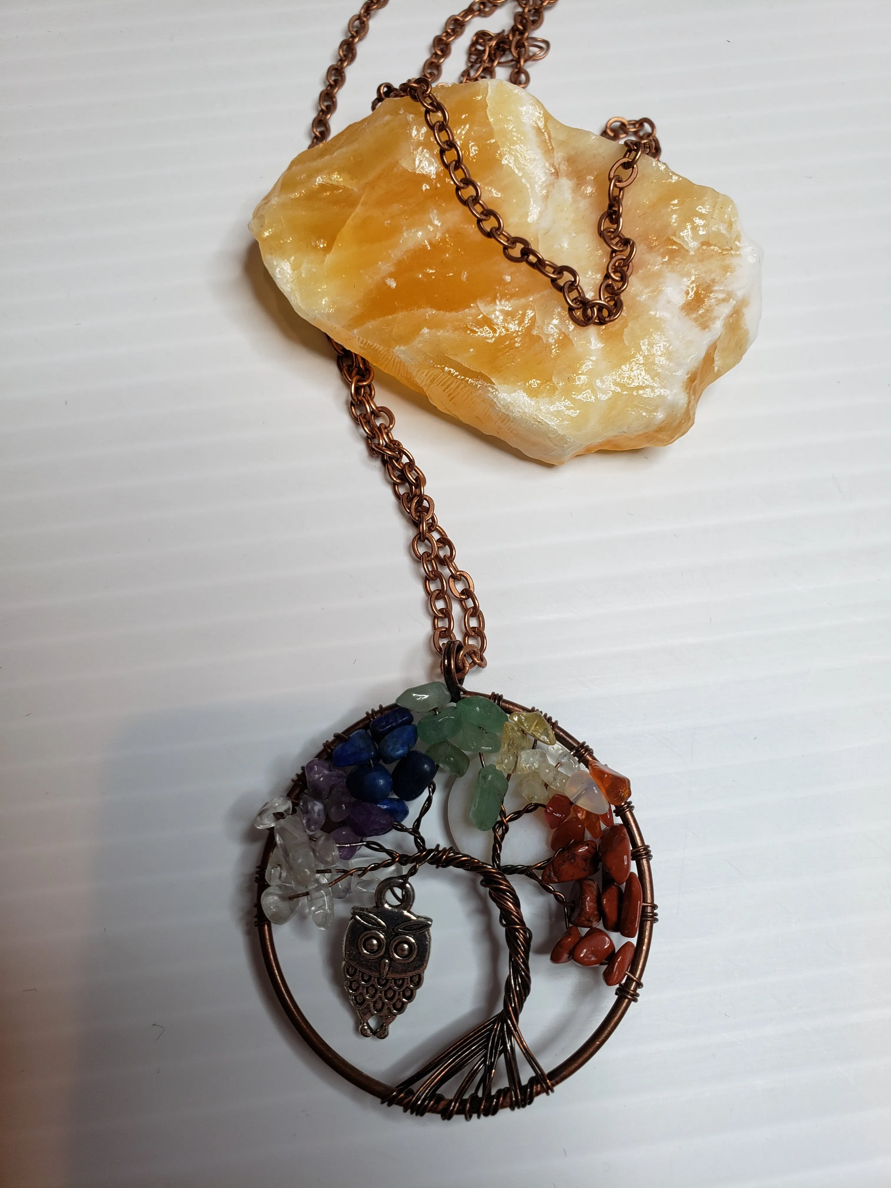 Handmade Tree of Life Chakra Natural GemStone Necklace w/ Owl Charm