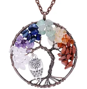 Handmade Tree of Life Chakra Natural GemStone Necklace w/ Owl Charm